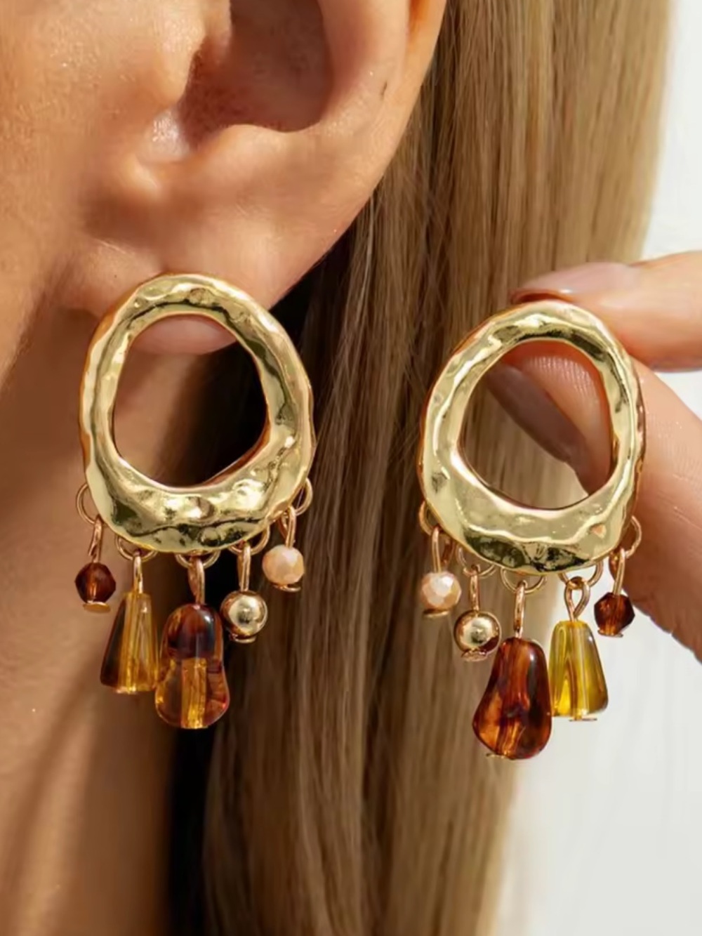 Hammered Gold Hoop Earrings with Amber and Honey Beads